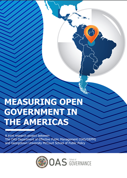 Cover of the report in blue and white, with the Americas map  and the logo of the School of Governance