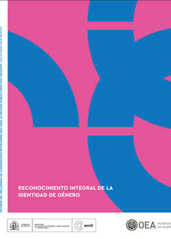 Formas abstractas en rosa y azul, logos de OEA y AECID, del Gobierno de España