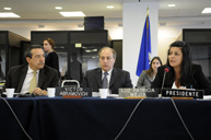 Foto Salón Rubén Darío 2: Comisionado Florentín Meléndez; Primer Vicepresidente de la CIDH, Comisionado Víctor Abramovich; y Presidenta de la CIDH, Comisionada Luz Patricia Mejía, en audiencia celebrada durante el 134 Período de Sesiones de la CIDH, en la sede de la Comisión en Washington, D.C., en marzo de 2009.