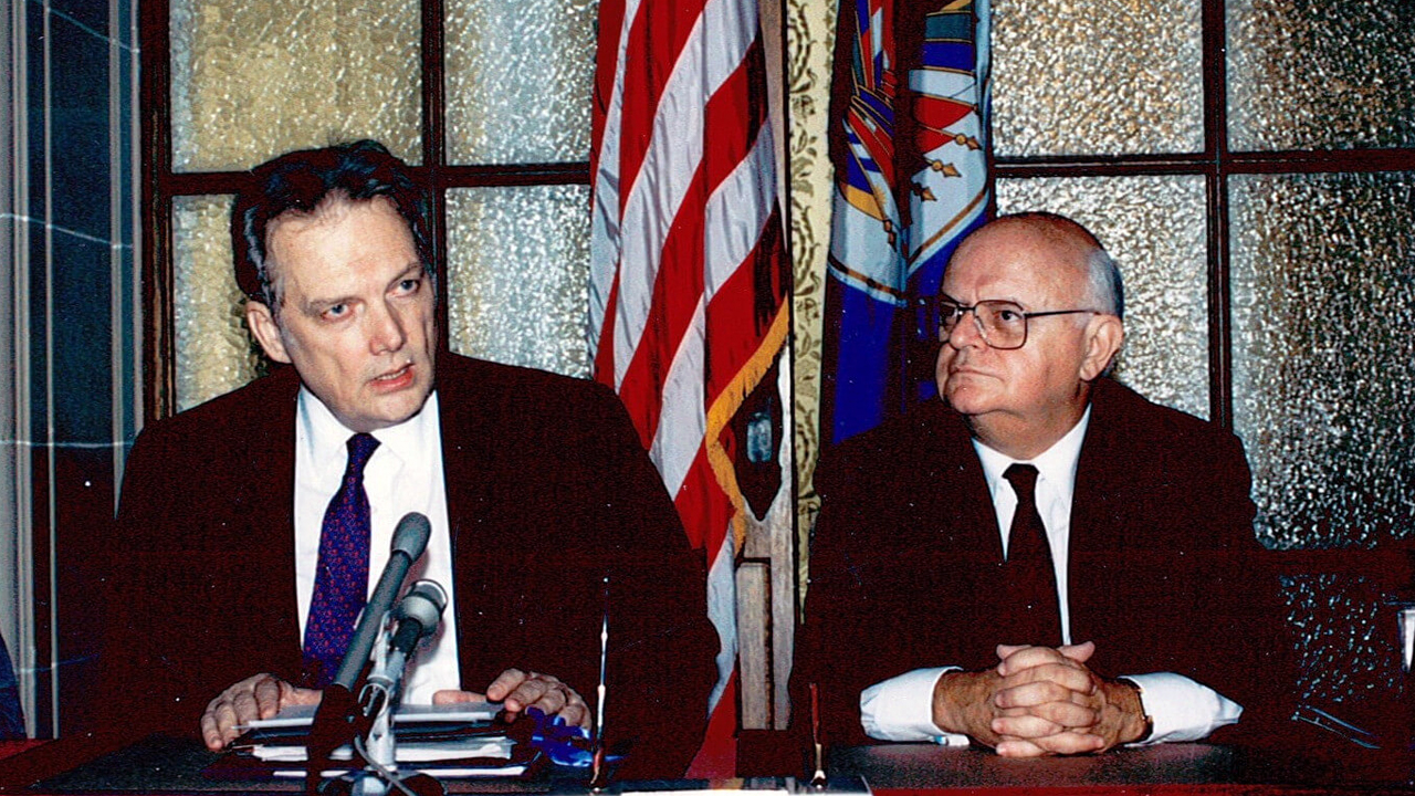 Ambassador Luigi R. Einaudi and Joao Clemente Baena Soares, Secretary General, OAS during the signing of the Headquarters Agreement, 1992.